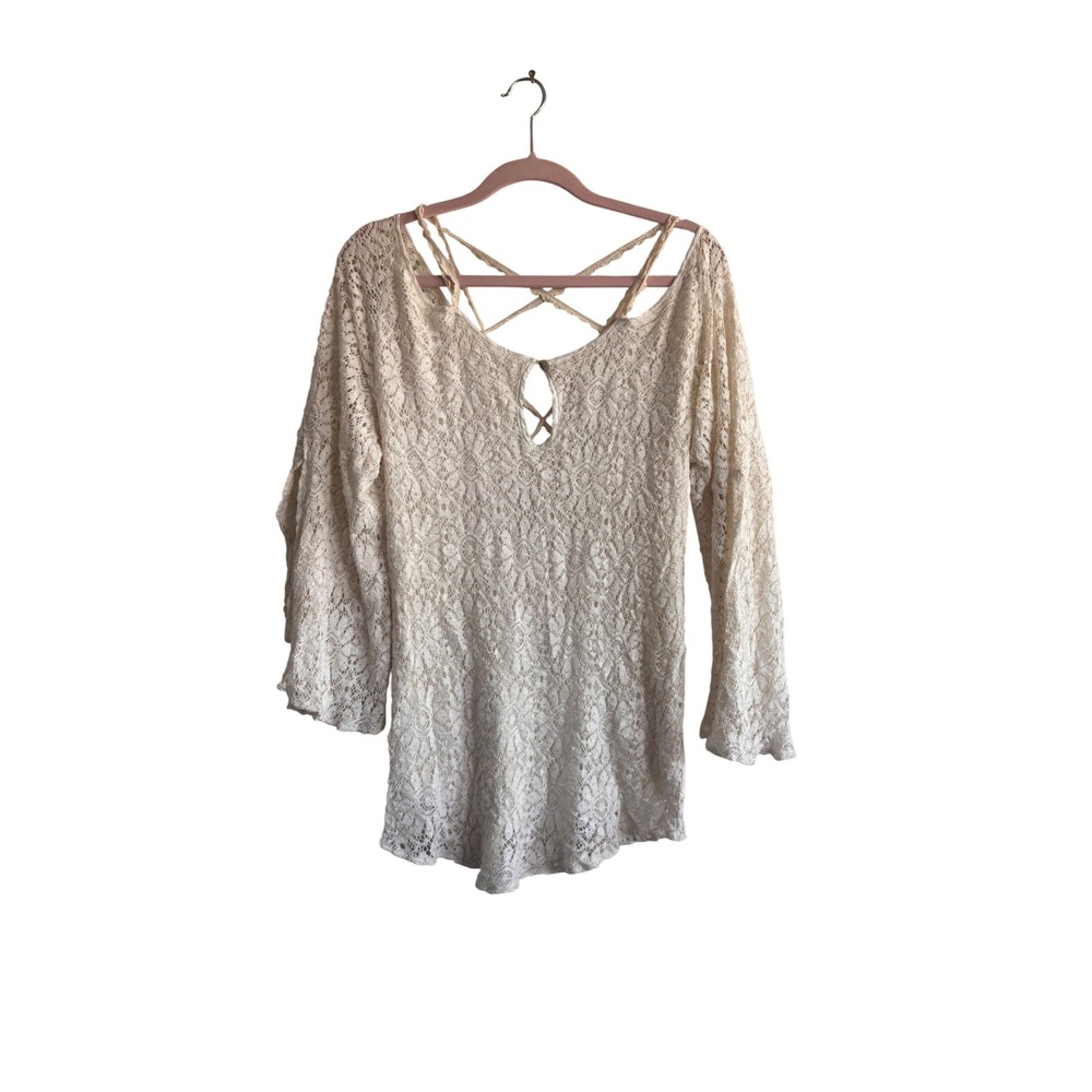 Jens Pirate Booty Cream Floral Lace Bell Sleeve Strappy Back Tunic Top Boho